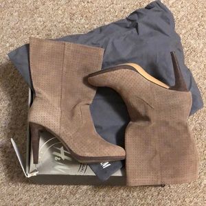 Tan high heeled ankle booties